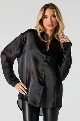 Satin Semi Sheer Button-Up Top