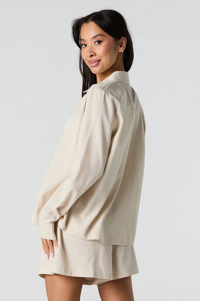 Linen-Blend Button-Up Long Sleeve Top