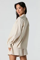 Linen-Blend Button-Up Long Sleeve Top