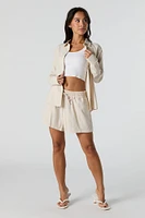 Linen-Blend Button-Up Long Sleeve Top