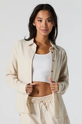 Linen-Blend Button-Up Long Sleeve Top