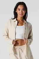 Linen-Blend Button-Up Long Sleeve Top