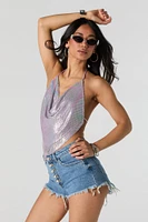 Metal Rhinestone Cowl Neck Crop Top