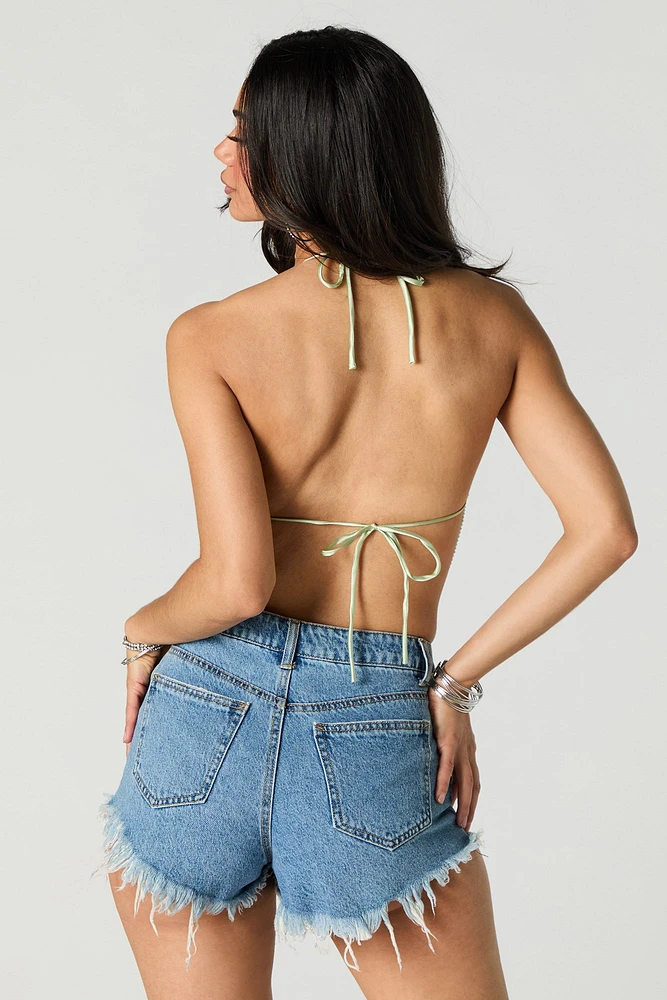 Metal Rhinestone Cowl Neck Crop Top