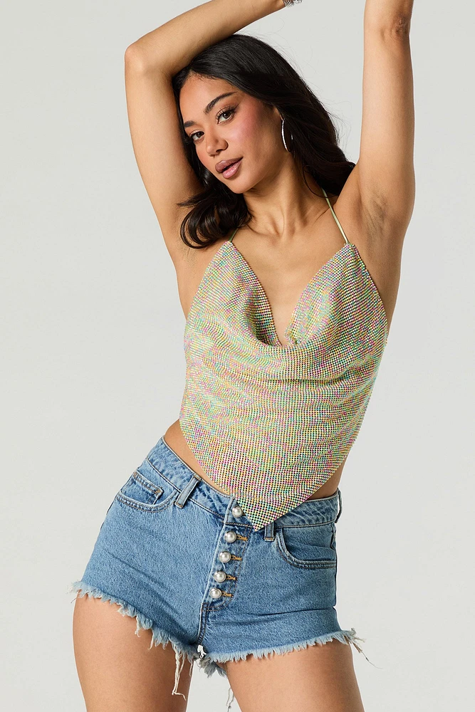 Metal Rhinestone Cowl Neck Crop Top