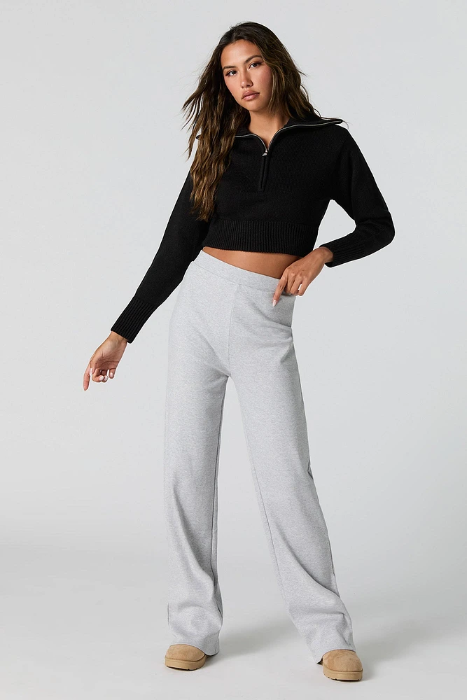 Ribbed Knit Quarter Zip Cropped Sweater