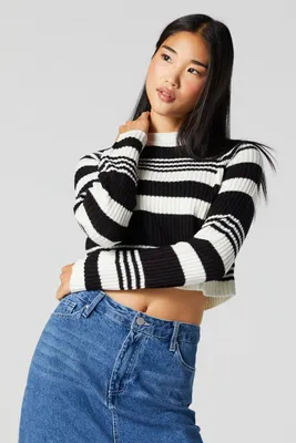 Striped Ribbed Knit Cropped Sweater