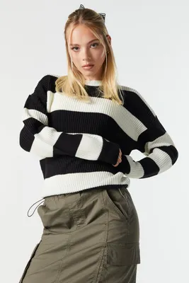 Striped Oversized Ribbed Knit Balloon Sleeve Sweater