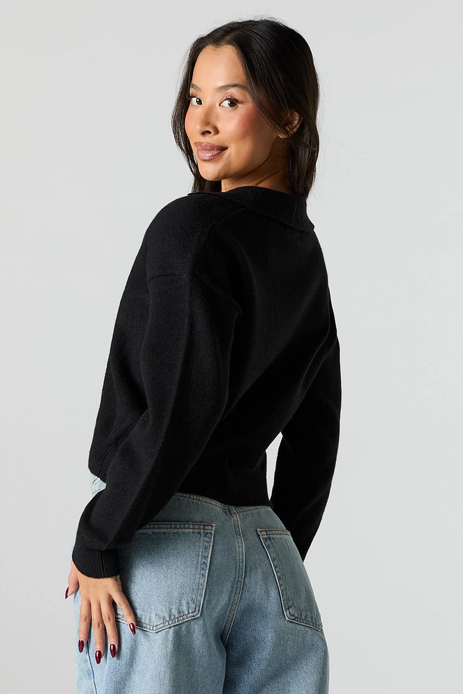 V-Neck Collared Cropped Long Sleeve Sweater