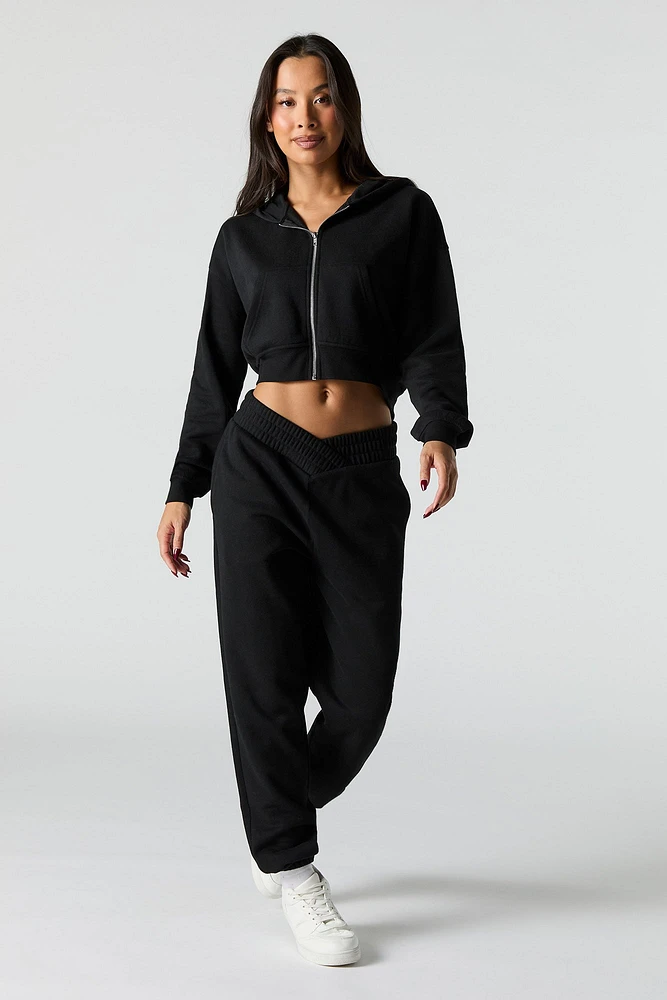 Zip-Up Cropped Fleece Hoodie