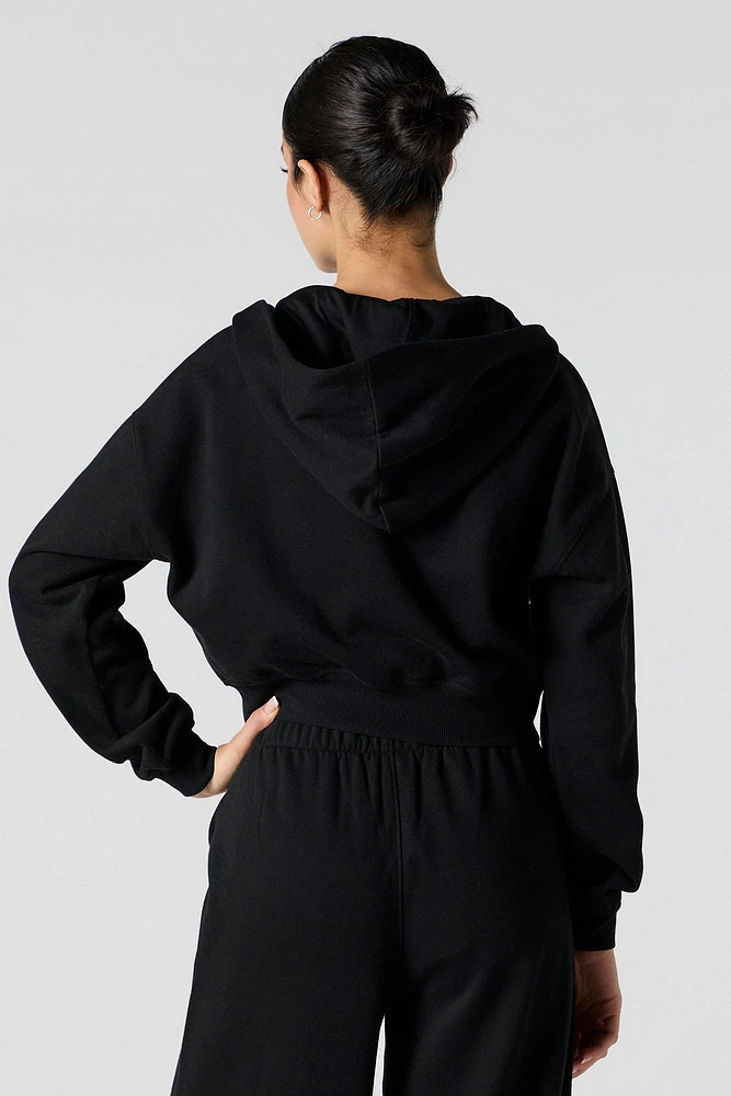 Solid Fleece Cropped Zip-Up Hoodie