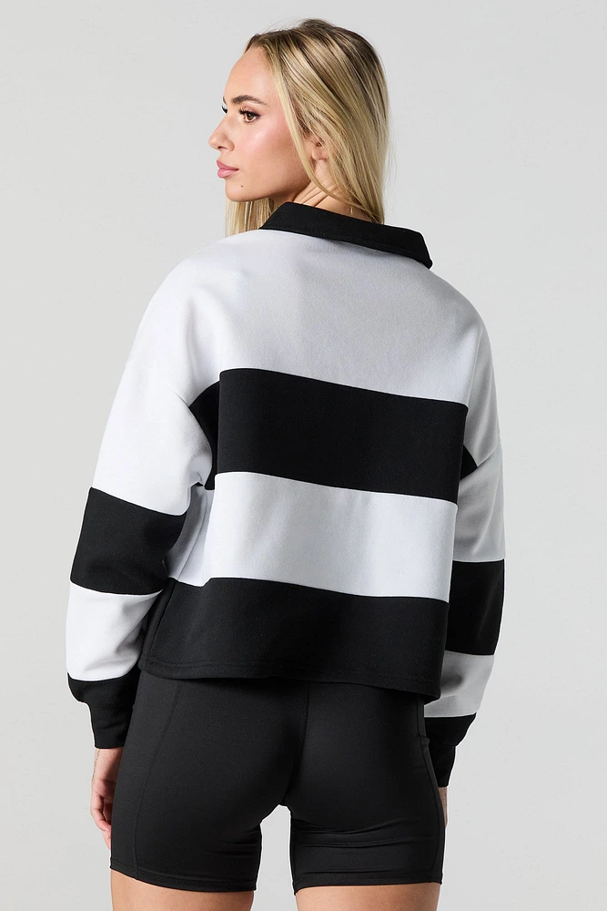Embroidered Striped Collared Fleece Sweatshirt