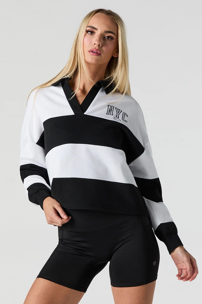 Embroidered Striped Collared Fleece Sweatshirt