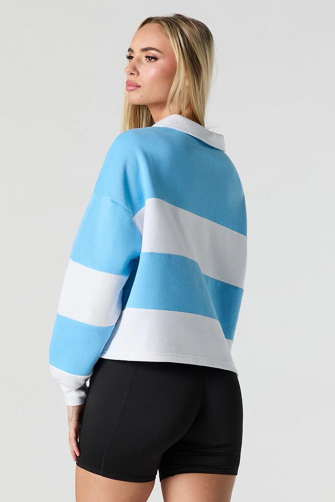 Embroidered Striped Collared Fleece Sweatshirt