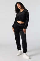 Velour Cropped Zip-Up Hoodie