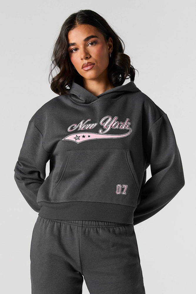 Embroidered Cropped Fleece Hoodie