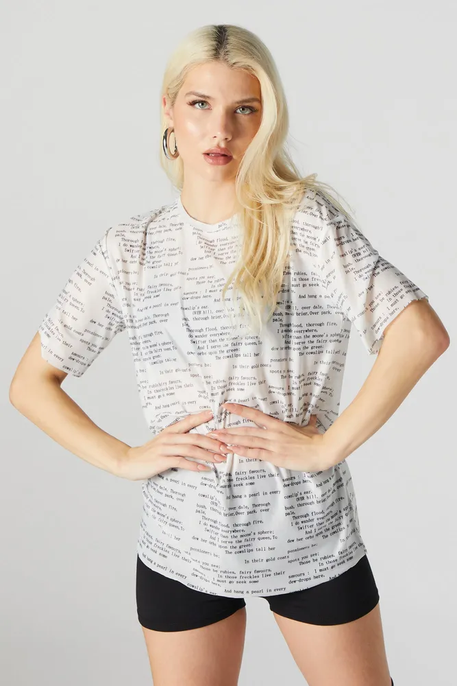 Text Print Mesh Crewneck T-Shirt