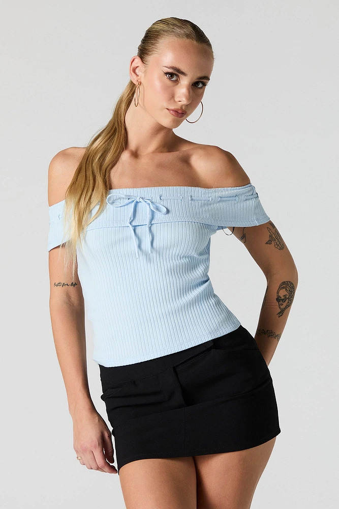 Ribbed Off Shoulder Tie Front Top