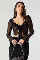 Mesh Tie Front Ruffled Top