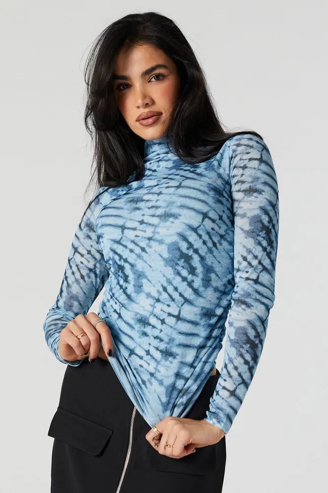 Tie Dye Print Ruched Mock Neck Long Sleeve Top