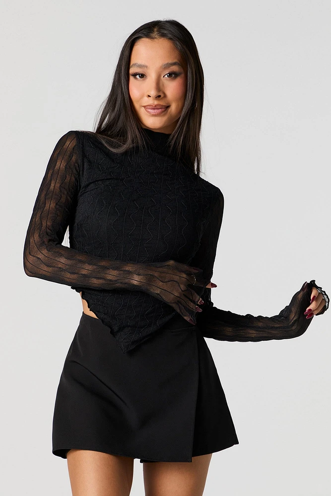 Textured Mock Neck V-Hem Top