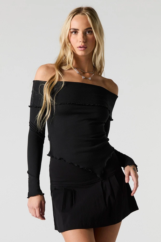 Ribbed Off Shoulder Asymmetrical Long Sleeve Top