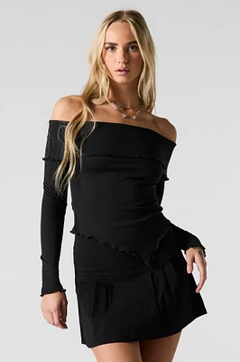 Ribbed Off Shoulder Asymmetrical Long Sleeve Top