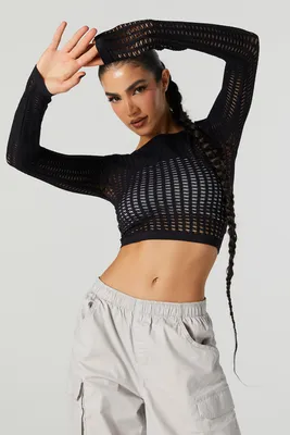 Open Knit Cropped Long Sleeve Top