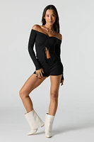 Ribbed Off Shoulder Drawstring Long Sleeve Top