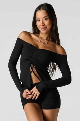 Ribbed Off Shoulder Drawstring Long Sleeve Top