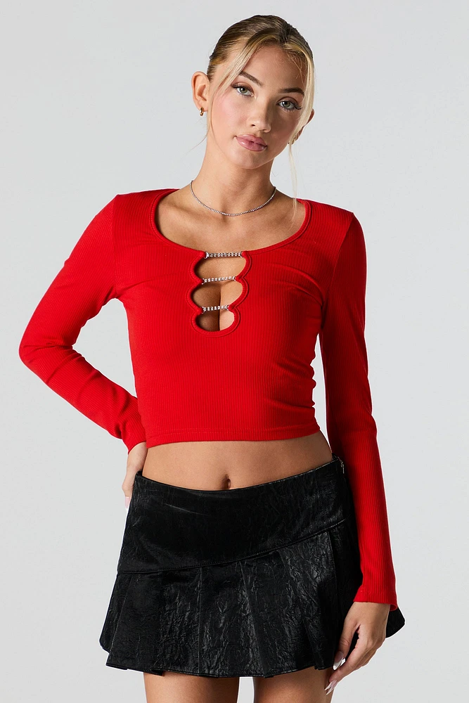 Ribbed Rhinestone Trim Cut-Out Top