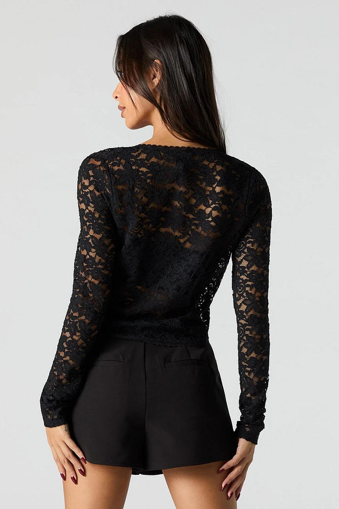 Double Tie Front Lace Long Sleeve Cropped Top