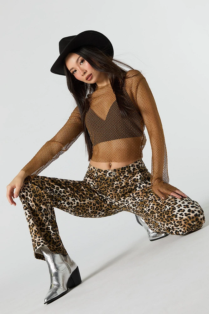 Rhinestone Fishnet Long Sleeve Crop Top