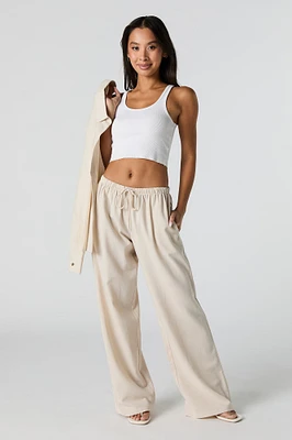 Pantalon à jambe large en mélange de lin avec taille coulissante