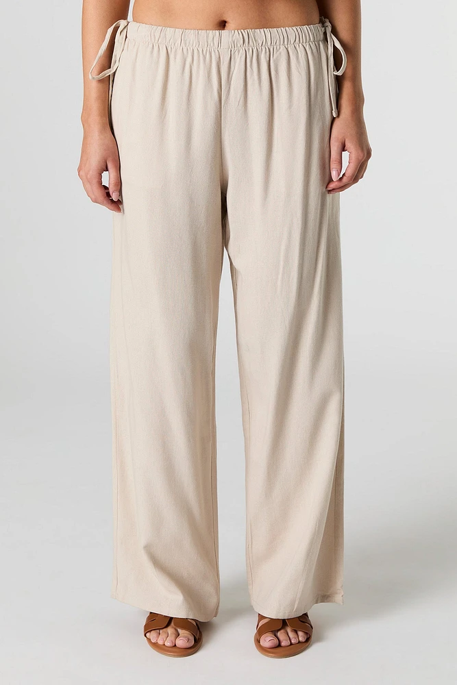 Linen-Blend Drawstring Side Wide Leg Pant