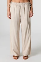 Linen-Blend Drawstring Side Wide Leg Pant