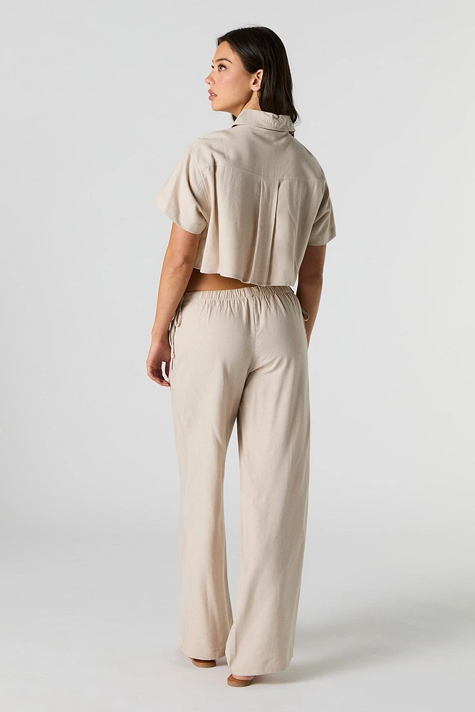 Linen-Blend Drawstring Side Wide Leg Pant