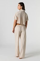 Linen-Blend Drawstring Side Wide Leg Pant