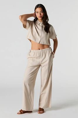 Linen-Blend Drawstring Side Wide Leg Pant