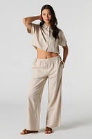 Linen-Blend Drawstring Side Wide Leg Pant