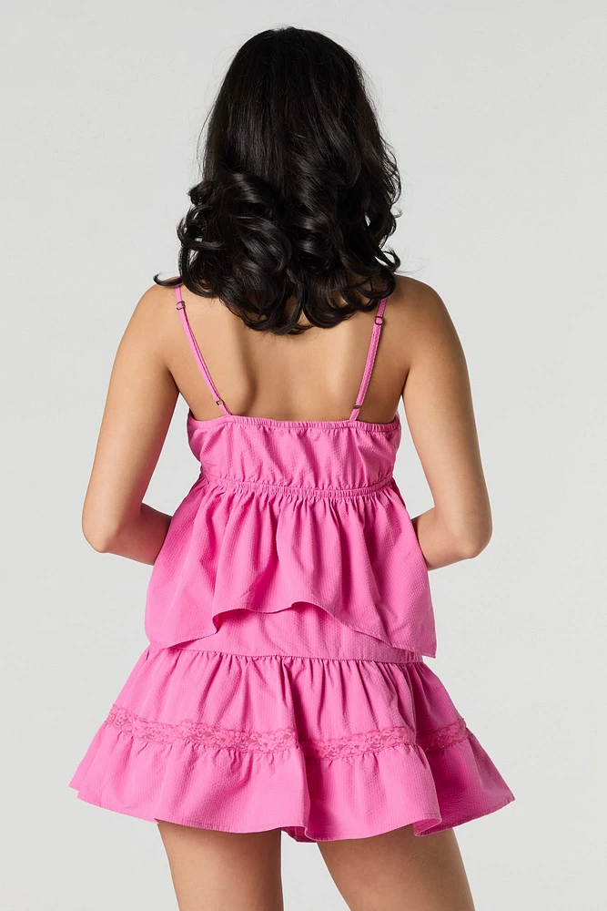 Textured Lace Trim Tiered Mini Skirt