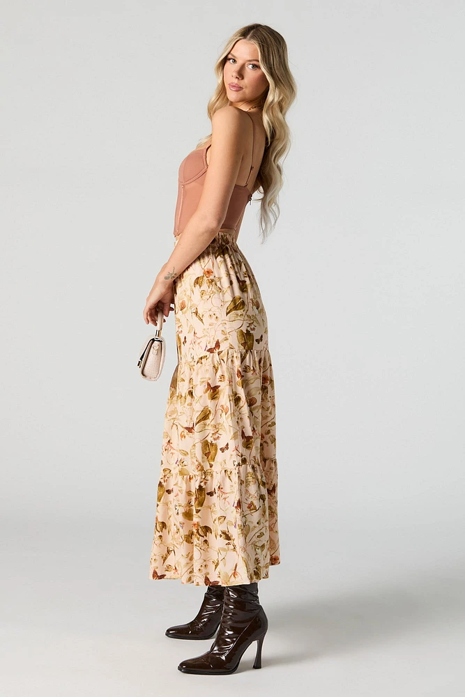 Tan Floral Tiered Maxi Skirt