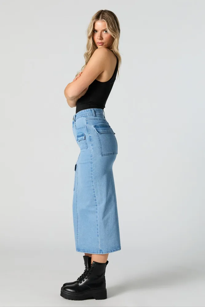 Light Wash Multi-Cargo Midi Denim Skirt