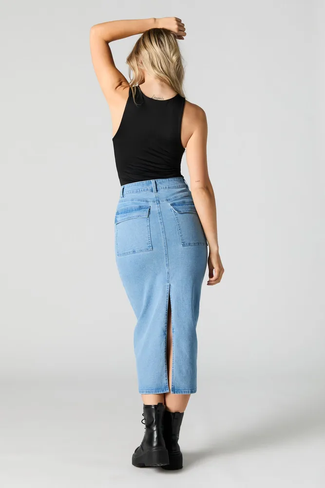 Light Wash Multi-Cargo Midi Denim Skirt