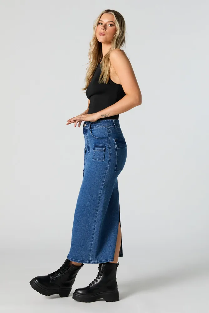 Medium Wash Multi-Cargo Midi Denim Skirt