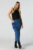 Medium Wash Multi-Cargo Midi Denim Skirt