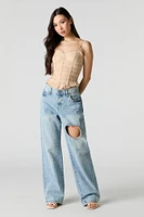 Rhinestone Heart Cut-Out Wide Leg Jean