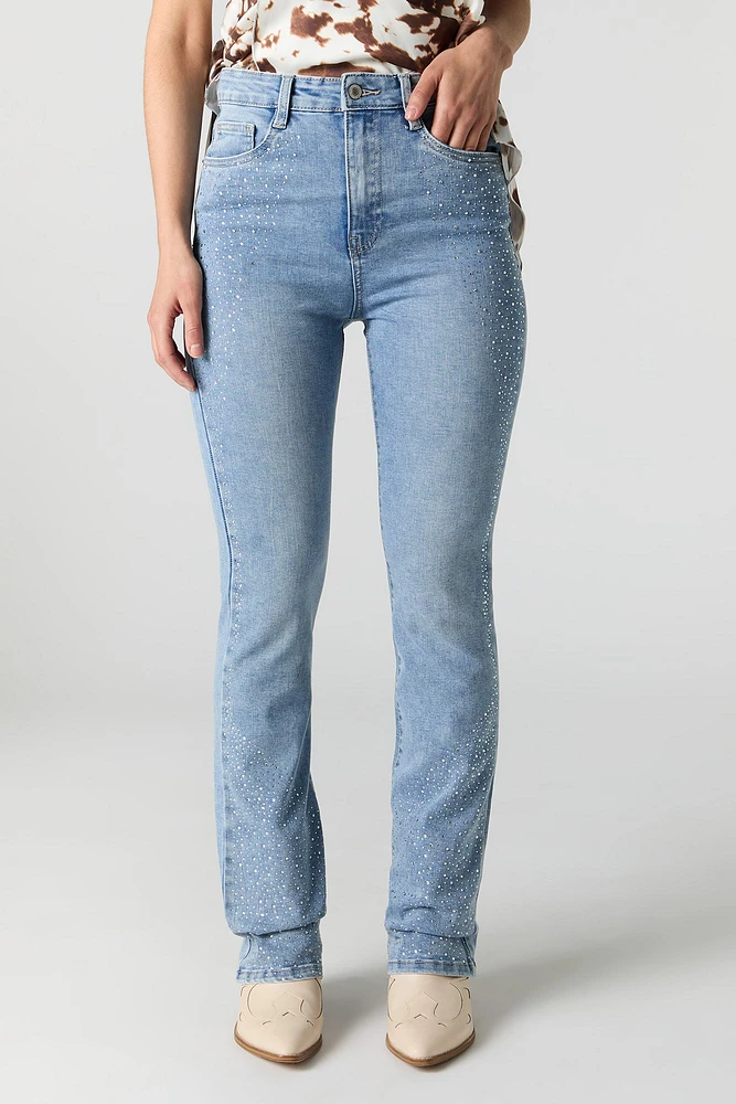 Jean à jambe évasée extensible taille haute avec pierres du Rhin