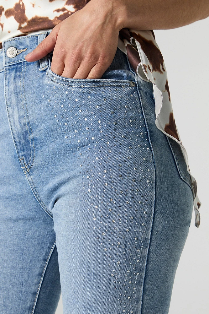 Jean à jambe évasée extensible taille haute avec pierres du Rhin