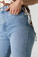 Jean à jambe évasée extensible taille haute avec pierres du Rhin